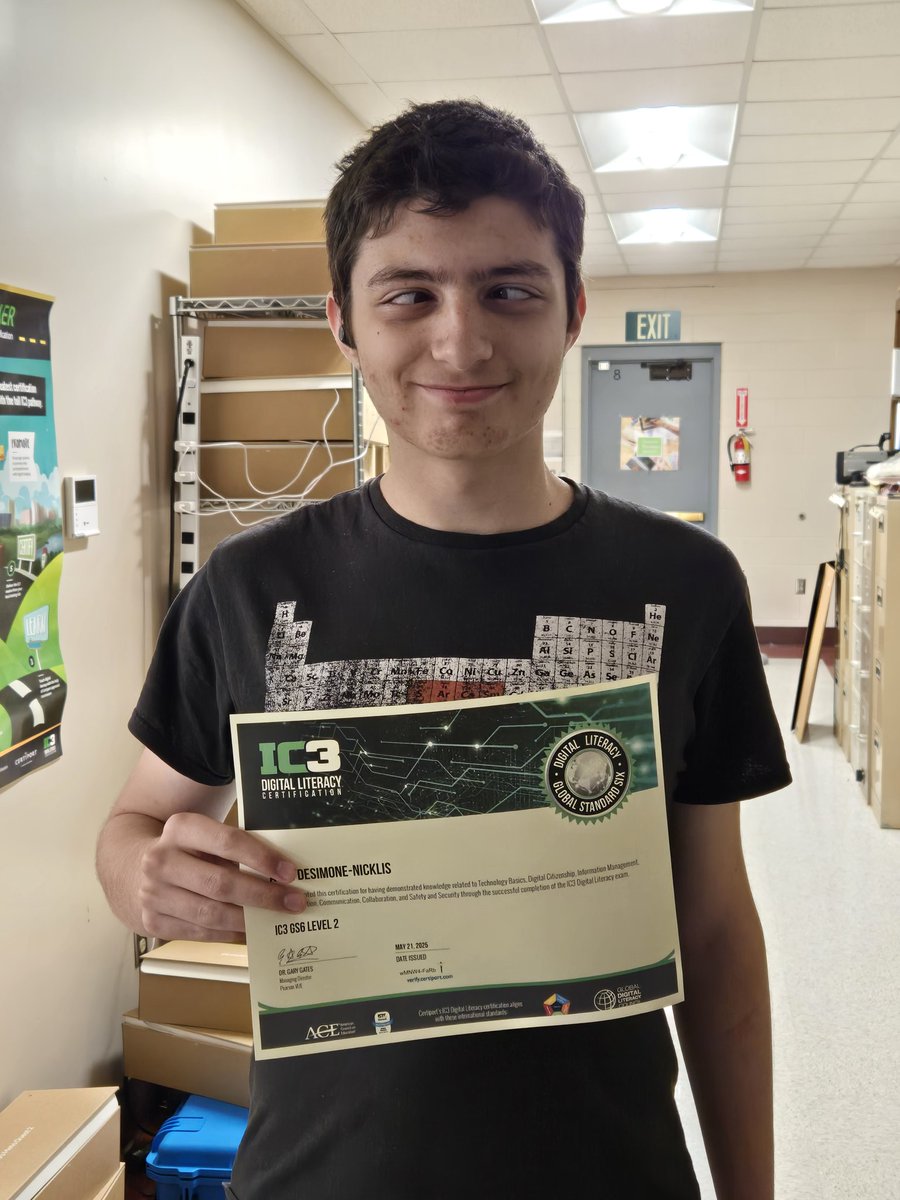 Congrats to Levi K. And Alex D.N. (who loves to be silly in his pics) on their IC3 Certification!! Cybersecurity students are making use of these last few days and knocking out some certifications! 🥇