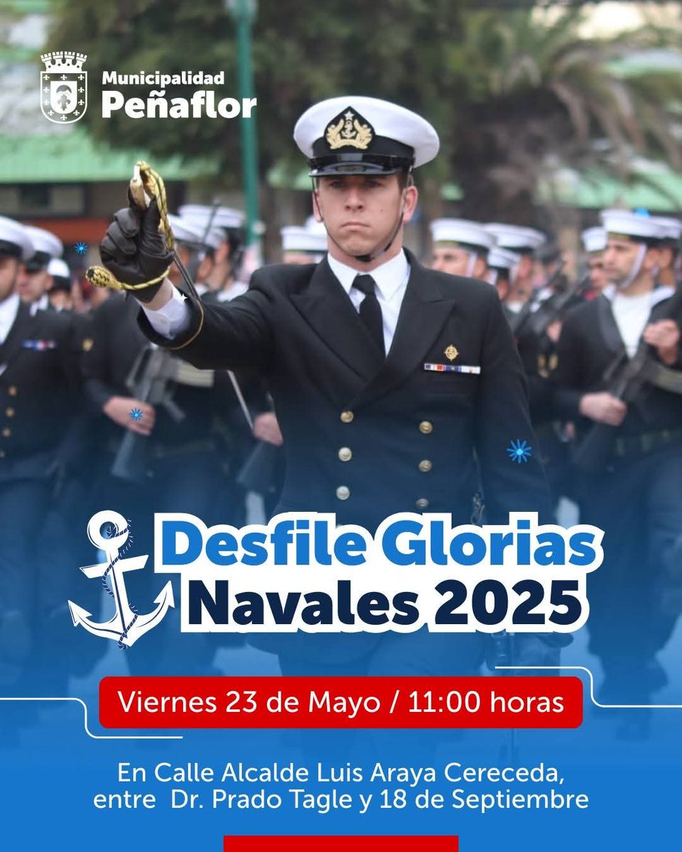 ⚓️🛳Recuerda: Viernes 23 de mayo ⏰️11 horas Desfile Glorias Navales, en Plaza Peñaflor. 

✔️Por este motivo desde las 07:00 tendremos algunos  🚧 cortes de tránsito en el centro.  Ojo 👀el ingreso a Tottus será sólo por calle Doctor Prado Tagle, la que funcionará con doble vía.