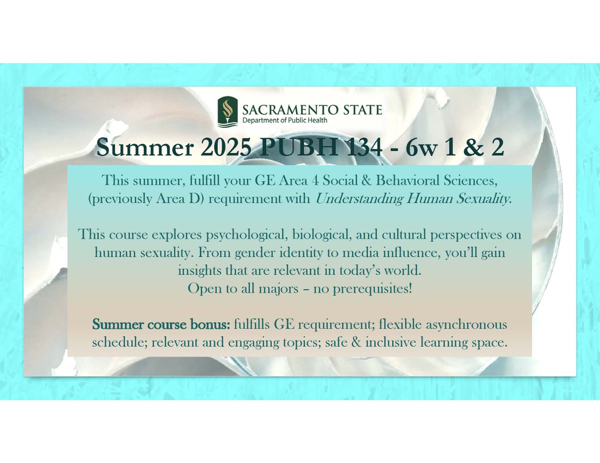 Enroll in PUBH 114, PUBH 130, or PUBH 134 for Summer 2025! These courses will fulfill 3 units of GE Area 4 - Social and Behavioral Science.
#sacstate #sacstateph #publichealth #thisispublichealth