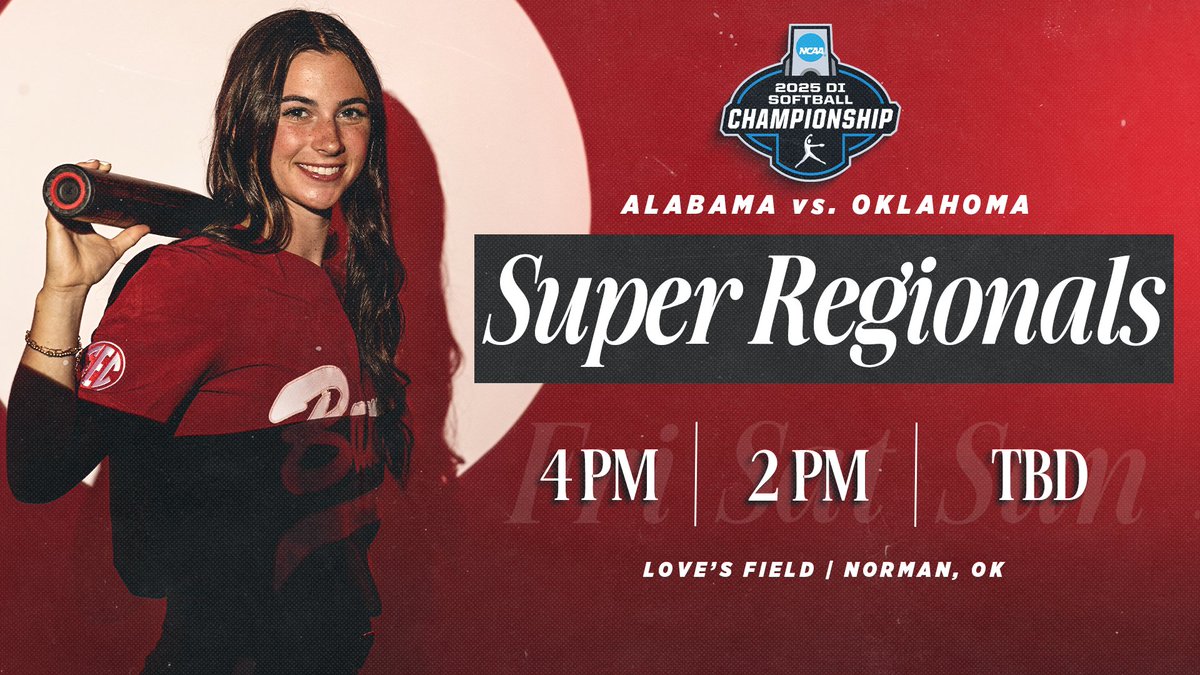 Alabama Athletics (@ua_athletics) on Twitter photo Super Regionals start Friday!
⏰ Friday, 4 PM/CT
📍 Norman, OK
📺 ESPN2
#RollTide | <a href="/AlabamaSB/">Alabama Softball</a> Super Regionals start Friday!
⏰ Friday, 4 PM/CT
📍 Norman, OK
📺 ESPN2
#RollTide | <a href="/AlabamaSB/">Alabama Softball</a>