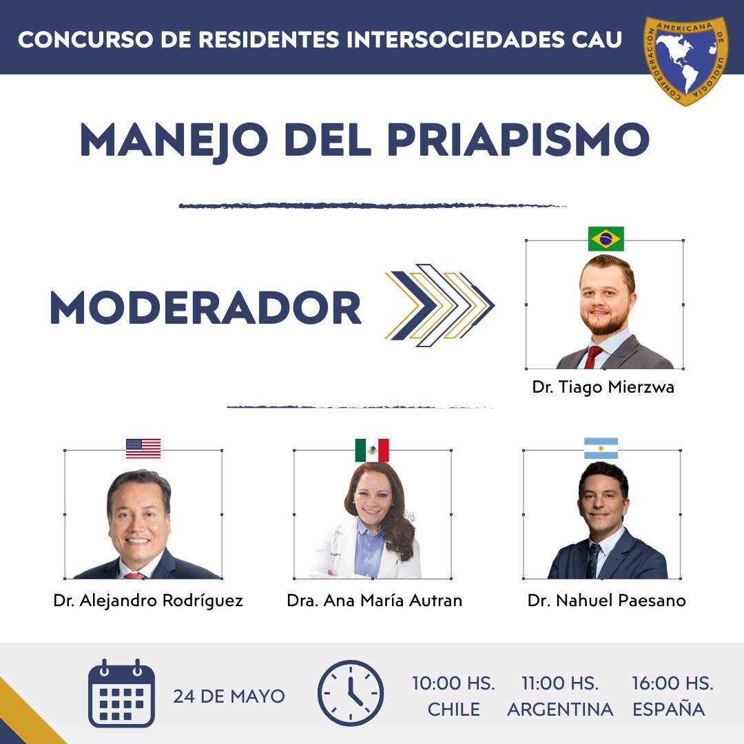 🎯 ¡Nuevo duelo académico!
🔬 Concurso de Residentes Intersociedades CAU 2025
📌 Tema: Manejo del priapismo

👩‍⚕️ Karen Pozo 🇨🇱
vs
👨‍⚕️ Joaquín Fernández Alberti 🇦🇷

🗓 24 de mayo
⏰ 10:00h Chile | 11:00h Argentina | 16:00h España

Regístrate: us06web.zoom.us/webinar/regist…

#CAU2025