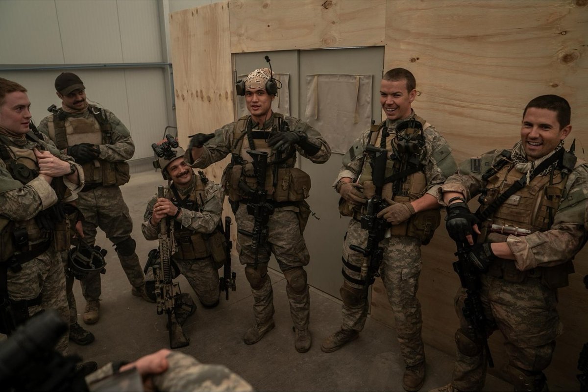 kit connor with noah centineo, cosmo jarvis, charles melton, will poulter, and evan holtzman on the set of "warfare"