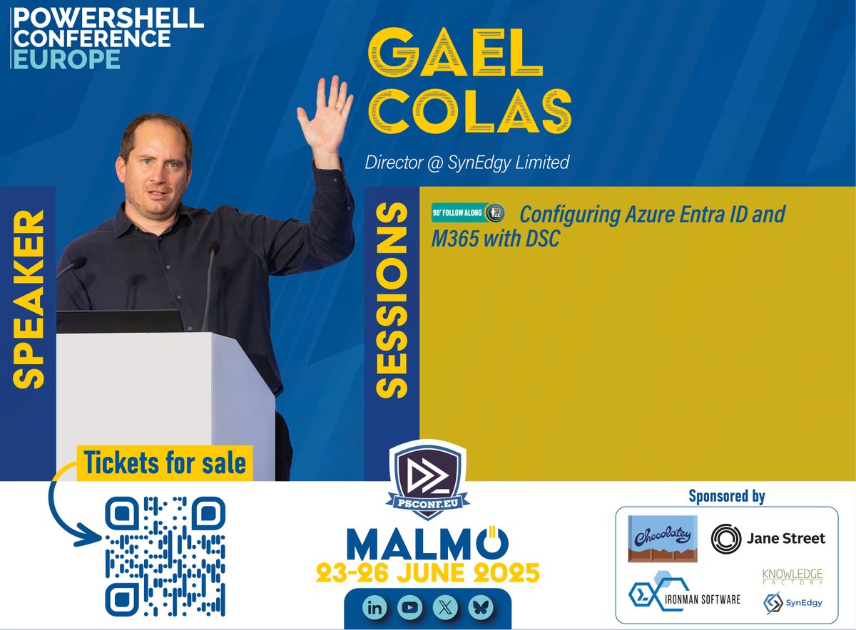 <a href="/gaelcolas/">gael</a> will be on stage for #PSConfEU 2025 in #Malmö!

🎙️ Configuring Azure Entra ID and M365 with DSC

🎟️ Tickets and full schedule available at psconf.eu

#PowerShell #Skåne #Svenska #Sweden #IT #automation #DSC #M365 #Azure #Entra
