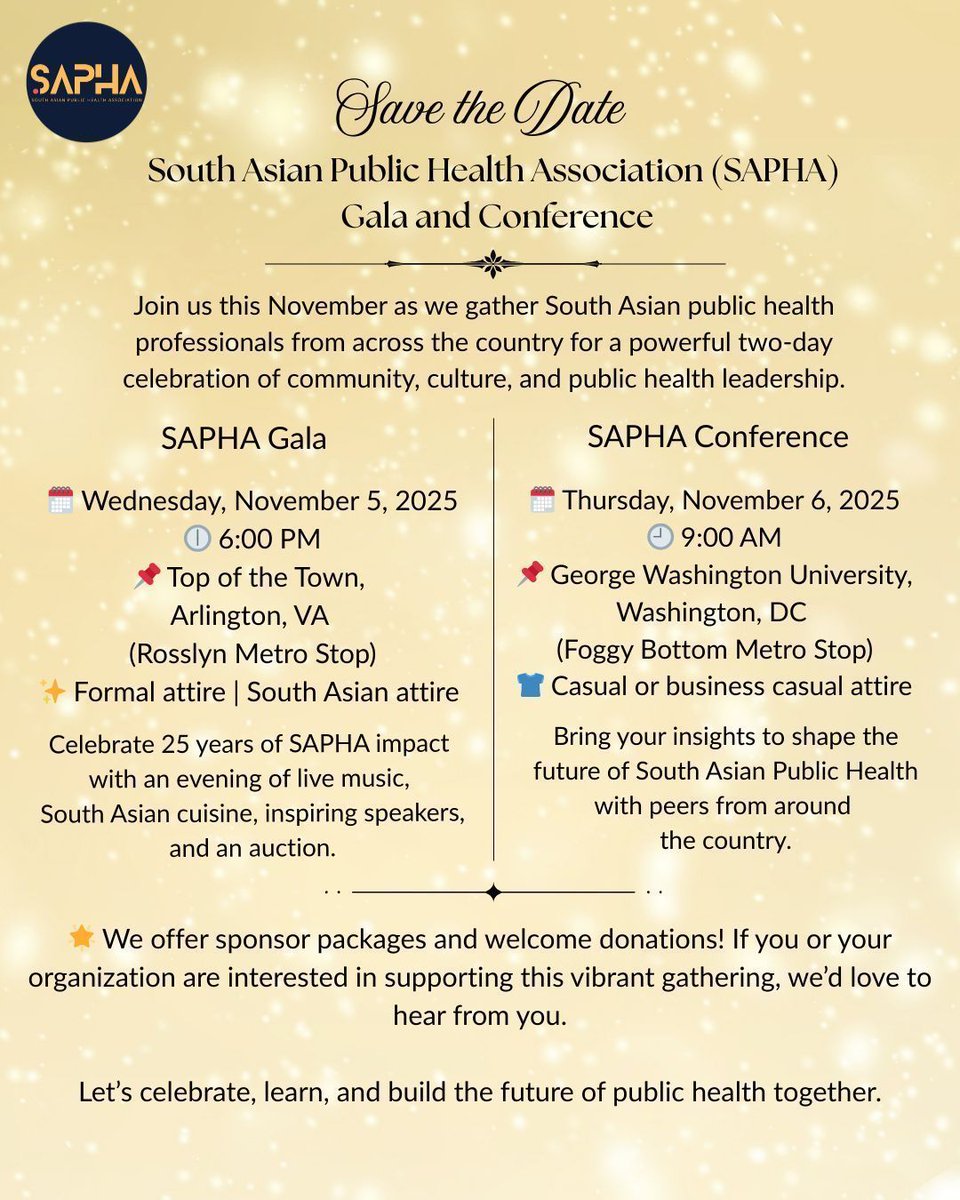 SAPHAinfo's tweet image. 🌟 Save the date for the inaugural SAPHA Conference and Gala, happening right after APHA! We are excited to extend an invitation to you for this landmark event. ✍️Participate in our survey for a chance to win a free ticket to the raffle buff.ly/YPM0ySb
#SAPHAConference