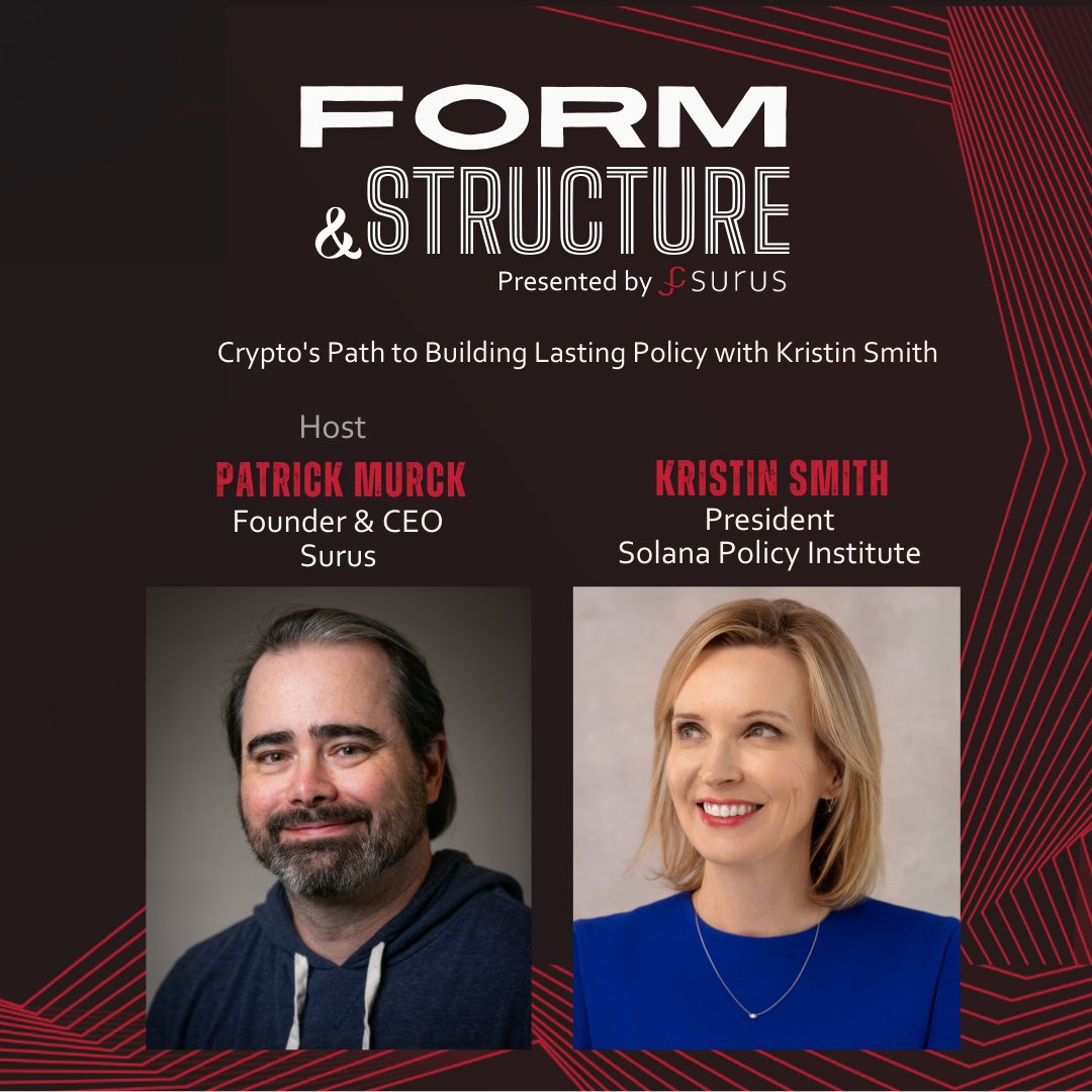 Surus_io's tweet image. "The challenge now is how do we put in a lasting framework that won't be subject to the political whims of certain regulators or lawmakers." - @KMSmithDC
Having just wrapped up her 7 year tenure as CEO of @BlockchainAssn, @KMSmithDC joins @virtuallylaw on Form and Structure to…