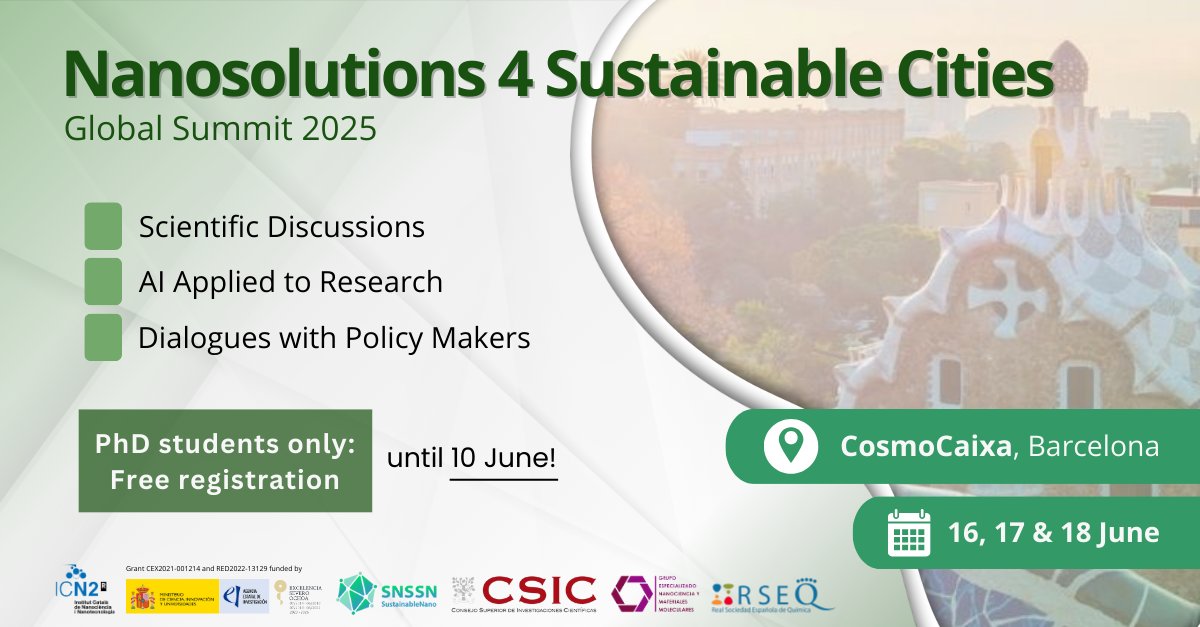 icn2nano's tweet image. 💸 Thanks to @_GENAM &amp;amp; @RSEQUIMICA, we're offering 2️⃣ 𝐟𝐫𝐞𝐞 𝐫𝐞𝐠𝐢𝐬𝐭𝐫𝐚𝐭𝐢𝐨𝐧𝐬 for graduate students for the #N4SNANO Global Summit 2025.

📅 Deadline: 10 June 2025
ℹ️👉 n4snanoglobalsummit2025.com/registration/

#SDG11 #SustainableCities