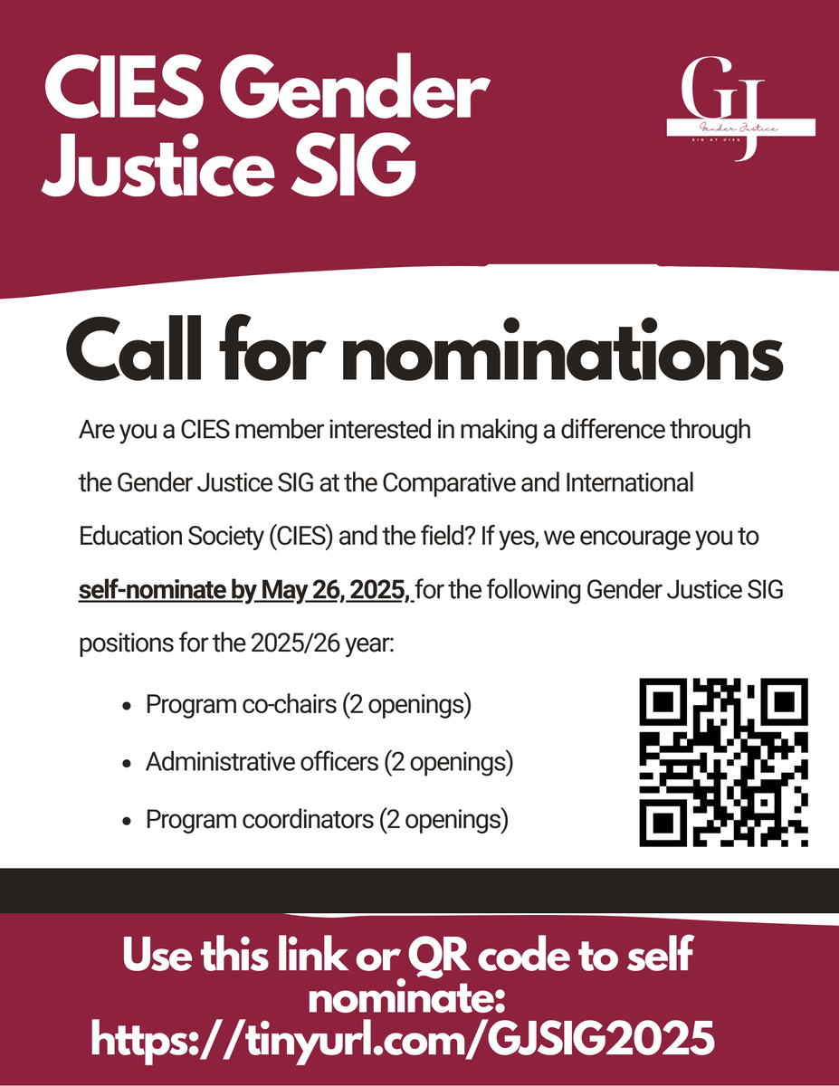 CIES (@cies_us) on Twitter photo Make a difference through the #CIES #GenderJustice SIG! Self-nominate by May 26 for open officer positions. Nominees must have a current CIES and Gender Justice SIG membership. Questions: membership@cies.us Make a difference through the #CIES #GenderJustice SIG! Self-nominate by May 26 for open officer positions. Nominees must have a current CIES and Gender Justice SIG membership. Questions: membership@cies.us