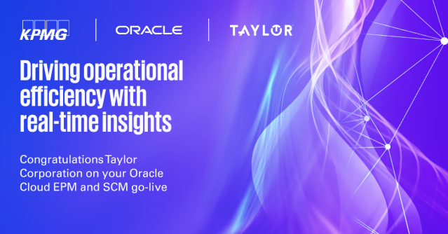 JoeBailitz's tweet image. KPMG celebrates the successful #OracleCloudEPM &amp;amp; #OracleCloudSCM go-live with Taylor Corporation. This integration enhances efficiency, real-time insights, advanced analytics, and competitiveness. #KPMG #TaylorCorp