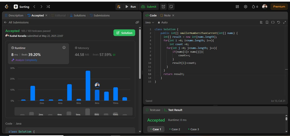 Kushal_Koradia's tweet photo. Day 29 of #100DaysOfDSA
Leetcode 1365: How Many Numbers Are Smaller Than the Current Number

• Practiced array traversal and element comparison
• Simple logic, great for beginners to build intuition!

#100DaysOfCode #DSA #Leetcode #Coding #DevCommunity #javacoffee #TechTwitter https://t.co/9ICipPCP1R