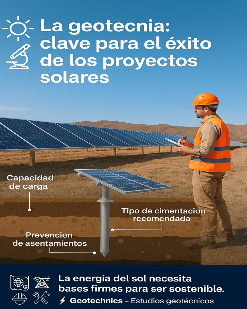 Geotechnics_SA's tweet photo. ☀️🔬 La geotecnia es clave en los proyectos solares.
Evaluamos el suelo, diseñamos cimentaciones seguras y prevenimos asentamientos.
⚡ La energía del sol necesita bases firmes para ser sostenible.
#Geotecnia #EnergíaSolar #IngenieríaCivil #Geotechnics https://t.co/Eu6Lt9GHdJ