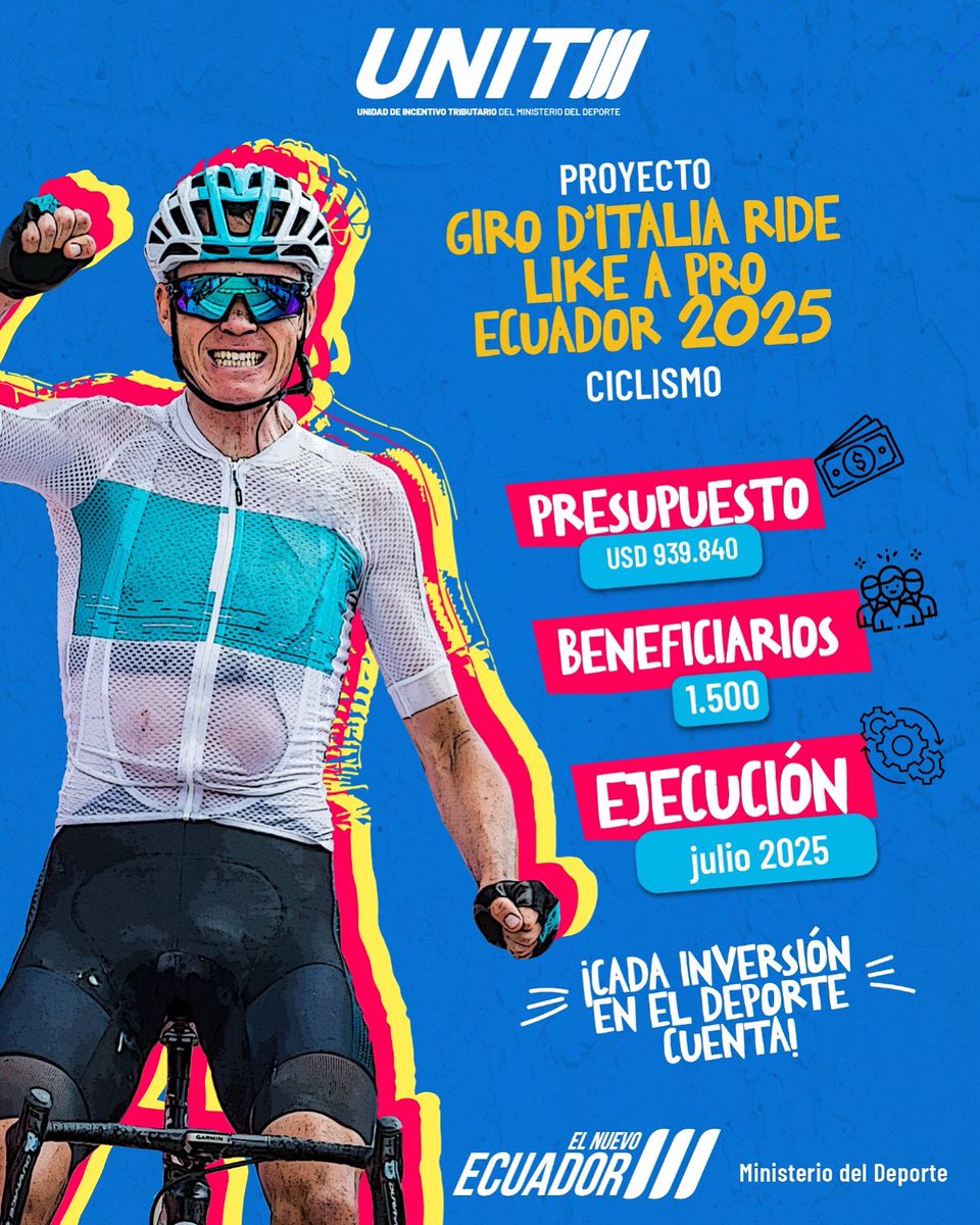 DeporteEc's tweet photo. Gracias al #IncentivoTributario, el Giro d’Italia Ride Like a Pro Ecuador 2025 dinamizará la economía local, con una inversión de USD 939.840.
#ElNuevoEcuador pedalea hacia el desarrollo. https://t.co/aUiB085052