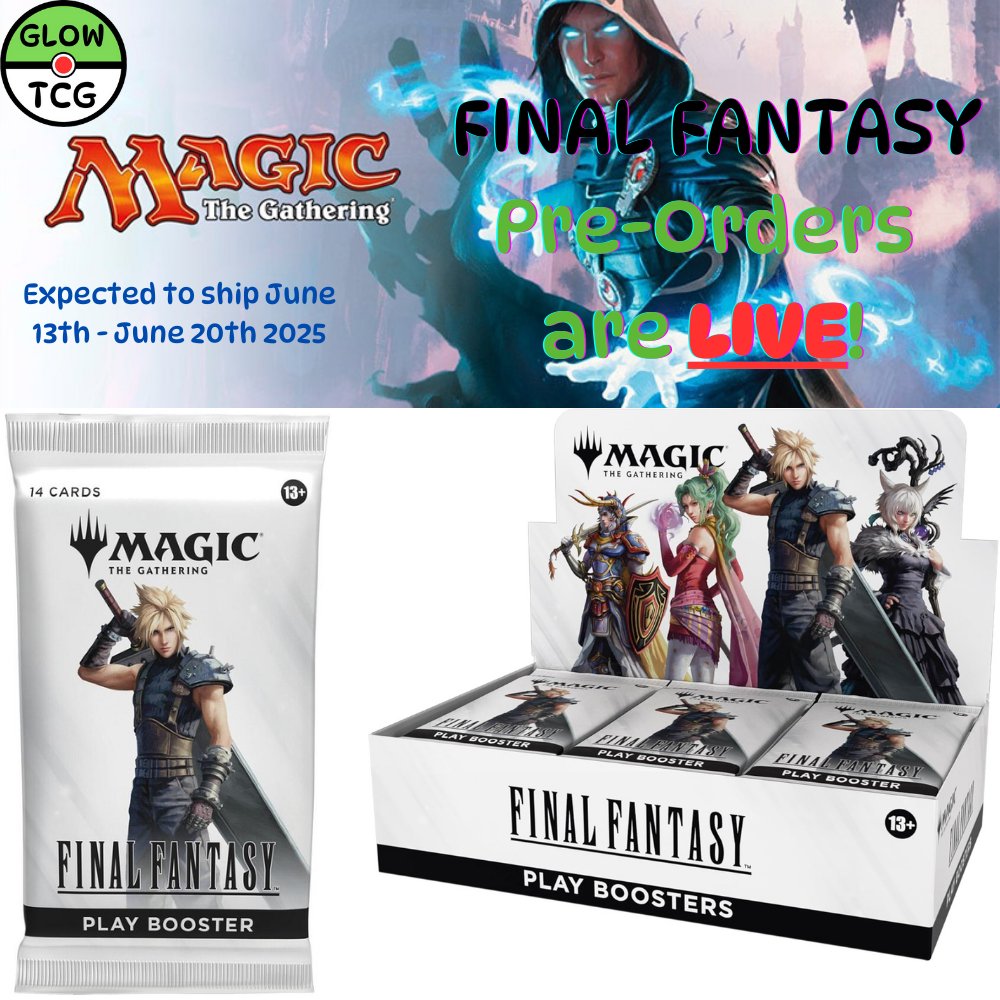 GlowTCG's tweet photo. 🚨 Magic: The Gathering x Final Fantasy Pre-Orders Are LIVE! 🚨

The long-awaited crossover is finally here! 🧙‍♂️✨⚔️
Secure your Magic: The Gathering x Final Fantasy pre-orders now before they vanish like a Limit Break!

🗓️ Shipping begins between June 13 – June 20
📦 Limited quantities – don’t miss out!

➡️ Pre-order now at https://t.co/7G0EFCdIrW

#MTGxFinalFantasy #MagicTheGathering #FinalFantasy #TCG #GlowTCG #CardCollectors #PreOrderNow
