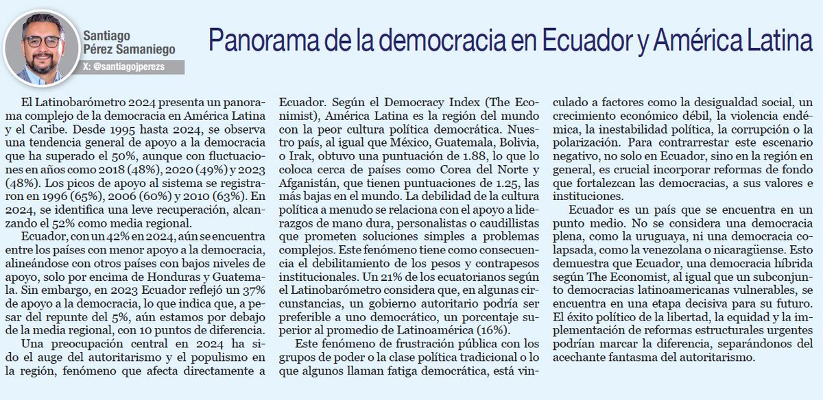 Solo el 42% en 🇪🇨 apoya la democracia (Latinobarómetro 2024). Desconfianza, cultura política débil y tentación autoritaria marcan la región. El éxito político de la libertad, la equidad y la implementación de reformas estructurales urgentes podrían marcar la diferencia,