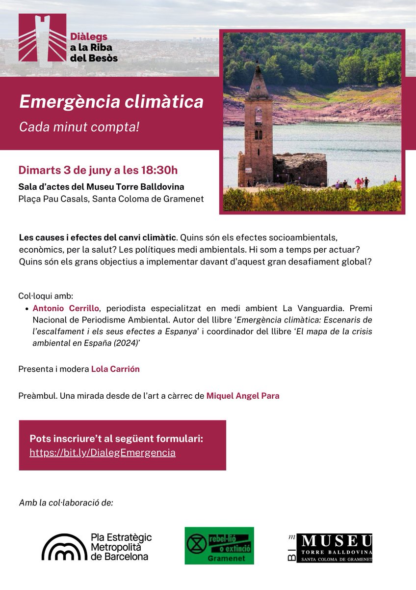 Diàlegs a la Riba del Besòs (@dialegsbesos) on Twitter photo 📅 Dimarts 3 de juny organitzem el Diàleg 'Emergència climàtica. Cada minut compta!'
🕡 a les 18.30h
📍 a la Sala d'actes del Museu Torre Balldovina
Un col·loqui amb <a href="/acerrillo3/">Antonio Cerrillo</a>, Premi Nacional de Periodisme Ambiental. 📅 Dimarts 3 de juny organitzem el Diàleg 'Emergència climàtica. Cada minut compta!'
🕡 a les 18.30h
📍 a la Sala d'actes del Museu Torre Balldovina
Un col·loqui amb <a href="/acerrillo3/">Antonio Cerrillo</a>, Premi Nacional de Periodisme Ambiental.