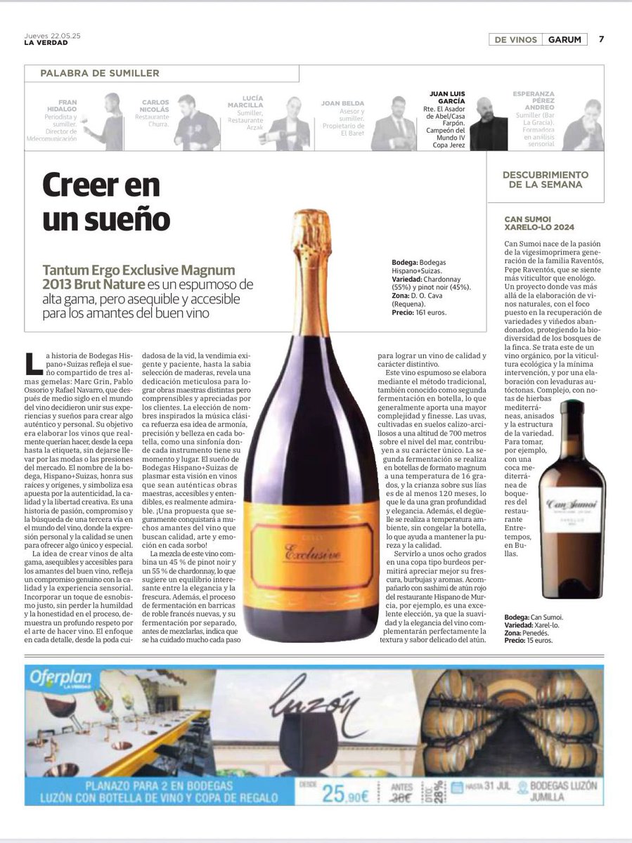 Sumiller Murcia (@sumillermurcia) on Twitter photo En el suplemento gastronómico de La Verdad de Murcia, ‘Garum’.
El Can Sumoi Xarel-lo 2024 y Tantum Ergo Exclusive Magnum 2013 en formato Magnum.
<a href="/RaventosiBlanc/">Raventós i Blanc</a> <a href="/HispanoSuizas/">Bodegas Hispano Suizas</a>
Gracias <a href="/Vidalparahoy/">Dan Vidal</a> 🫶🫶🫶 En el suplemento gastronómico de La Verdad de Murcia, ‘Garum’.
El Can Sumoi Xarel-lo 2024 y Tantum Ergo Exclusive Magnum 2013 en formato Magnum.
<a href="/RaventosiBlanc/">Raventós i Blanc</a> <a href="/HispanoSuizas/">Bodegas Hispano Suizas</a>
Gracias <a href="/Vidalparahoy/">Dan Vidal</a> 🫶🫶🫶