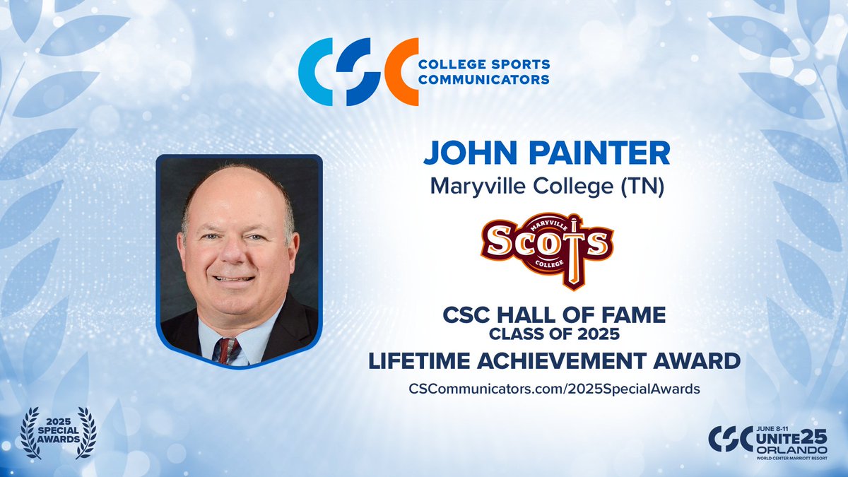 College Sports Communicators (@collsportscomm) on Twitter photo John Painter, <a href="/MCScots/">Maryville College Athletics</a> Assistant Athletics Director for Communications, will be honored with two Special Awards at #CSCUnite25 in Orlando this June: he will be inducted as a CSC Hall of Fame Class of 2025 member and receive a Lifetime Achievement Award.
"Iโve worked with nine John Painter, <a href="/MCScots/">Maryville College Athletics</a> Assistant Athletics Director for Communications, will be honored with two Special Awards at #CSCUnite25 in Orlando this June: he will be inducted as a CSC Hall of Fame Class of 2025 member and receive a Lifetime Achievement Award.
"Iโve worked with nine