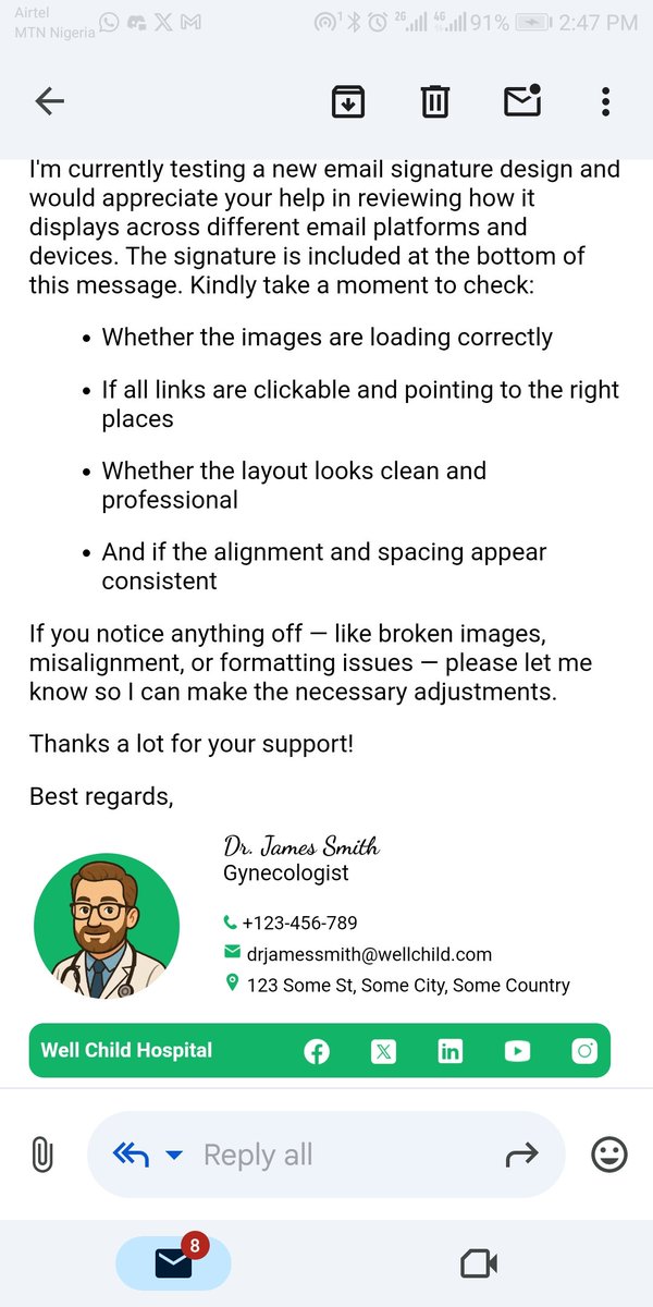 obika_viola's tweet photo. Finished an HTML email signature 💪🏾💪🏾💪🏾

Email signatures are quite tough.

You have to use table layout and every email client wants to render the code its own way, like seriously 🤦🏾‍♀️

On a scale on 1 - 10, how would you rate my email signatures? https://t.co/tEQsag9Qd3