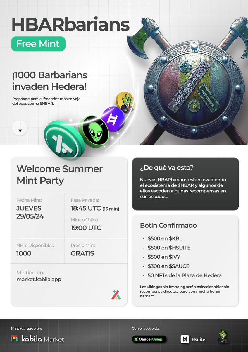 🏆GIVEAWAY + $2000 in Prizes🏆
The wildest freemint on Hedera is coming... and YOU can get in early.👇

🎁I'm giving away 15 whitelist spots for HBARbarians.
💸A shot at $2,000 in airdrops.
✅Follow <a href="/KabilaApp/">Kabila</a> and <a href="/sebashbar/">Sebas (ℏ) ✨</a> 
❤️ Like + RT this post.

 🏆Prize pool includes👇
