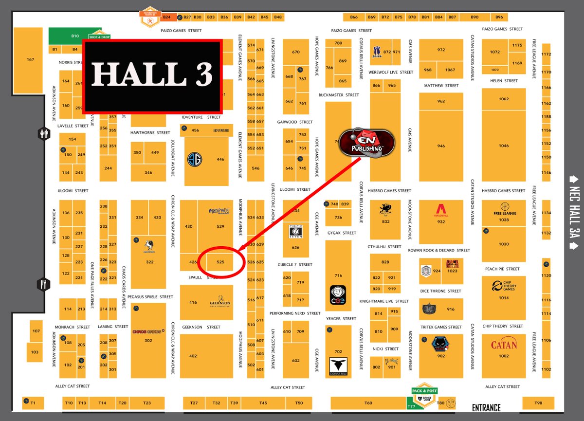 enpublishingrpg's tweet photo. How to find us at UK Games Expo next week! Hall 3, stand 525, next to Modiphius. We're on the corner of Modiphius Avenue and Spaull Street, opposite the big gaming tables stand again. https://t.co/AWBMWQ1xPI