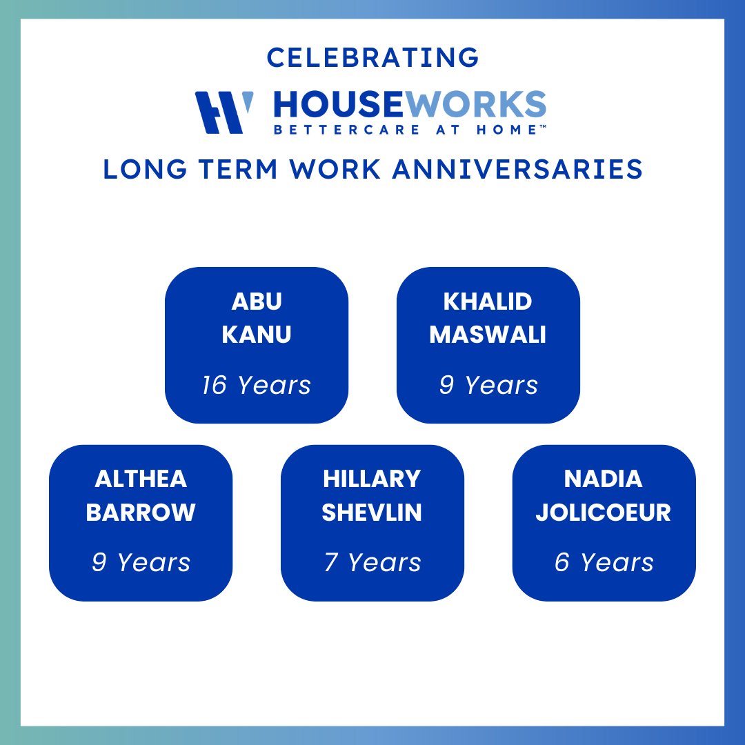 This #ThankfulThursday we are recognizing our hardworking Caregivers who are celebrating important work anniversaries! Congratulations to Abu, Khalid, Althea, Hillary, and Nadia⭐