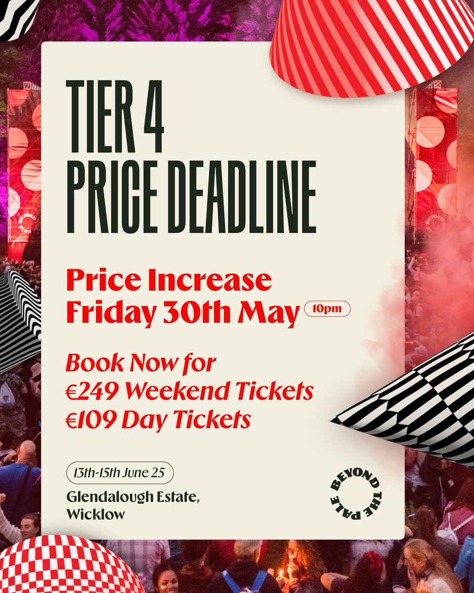 Heads up! Next Friday 30th May, ticket prices will rise, so grab yours now to skip the jump 😉

We’re buzzing to be just 3 weeks out from the fourth annual edition of Beyond The Pale, and preparations are well underway on site 🌳☀️

Head to itsbeyondthepale.ie 🎟️