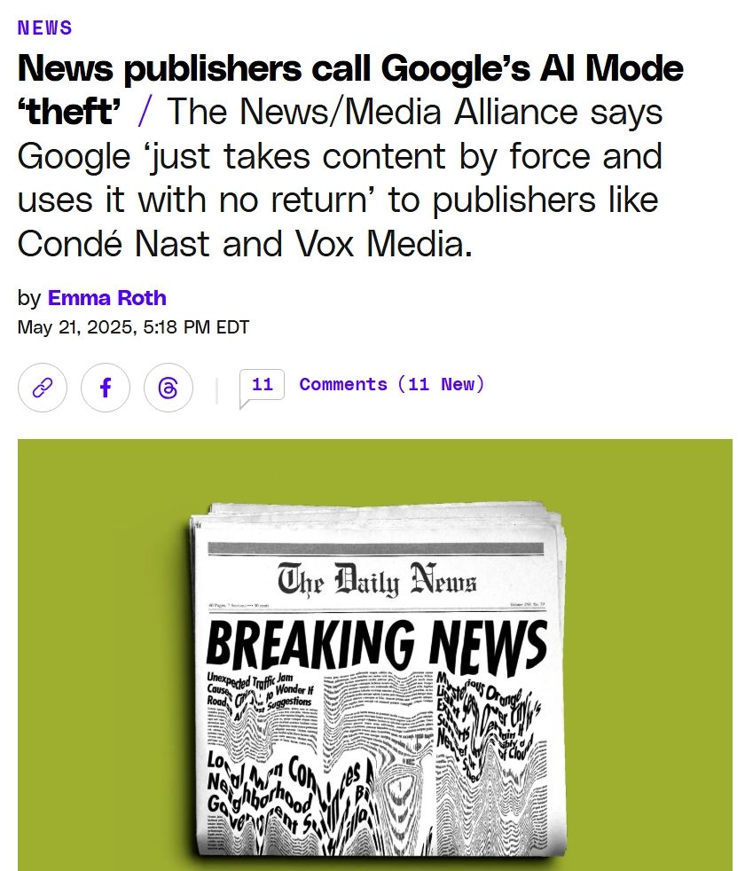 American Economic Liberties Project (@econliberties) on Twitter photo “Now Google just takes content by force and uses it with no return, the definition of theft.”
<a href="/newsalliance/">News/Media Alliance</a> warns Google’s AI search strips news publishers of traffic and revenue. DOJ remedies in the adtech case must address how it exploits journalism to entrench its monopoly. “Now Google just takes content by force and uses it with no return, the definition of theft.”
<a href="/newsalliance/">News/Media Alliance</a> warns Google’s AI search strips news publishers of traffic and revenue. DOJ remedies in the adtech case must address how it exploits journalism to entrench its monopoly.