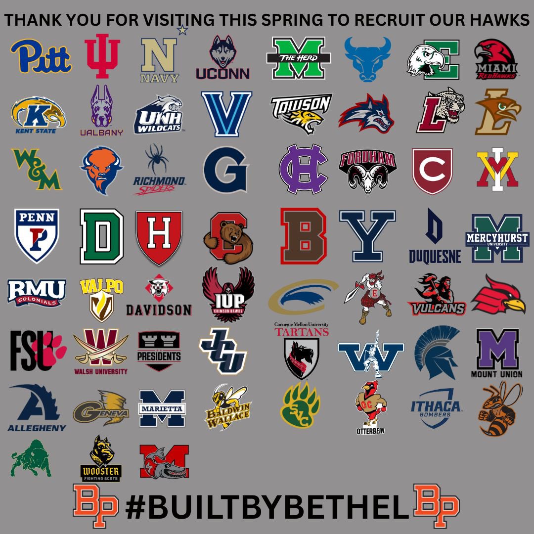 CoachPeckich's tweet photo. Thank you to all the college coaches who stopped by during the Spring evaluation period to meet with our student athletes #BUILTBYBETHEL #ROOTEDINSUBSTANCE https://t.co/ZvNiz5oCOr