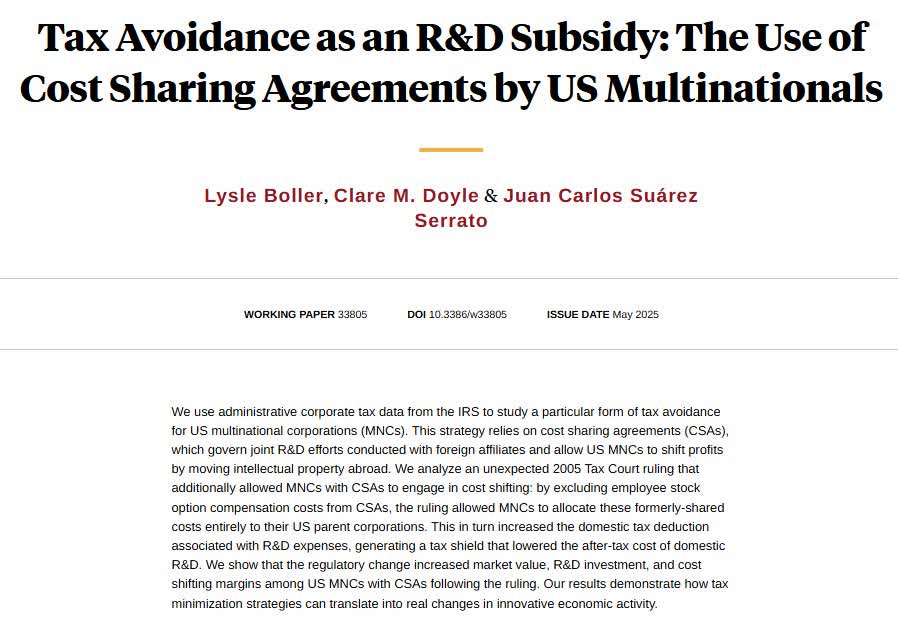 NBER (@nberpubs) on Twitter photo Analyzing a 2005 court ruling that enabled US multinational companies to lower domestic R&D costs through tax avoidance via cost sharing agreements, boosting their market value, R&D investment, and profit shifting, from Lysle Boller, Clare M. Doyle, and <a href="/J_C_Suarez/">Juan Carlos Suárez</a> Analyzing a 2005 court ruling that enabled US multinational companies to lower domestic R&D costs through tax avoidance via cost sharing agreements, boosting their market value, R&D investment, and profit shifting, from Lysle Boller, Clare M. Doyle, and <a href="/J_C_Suarez/">Juan Carlos Suárez</a>