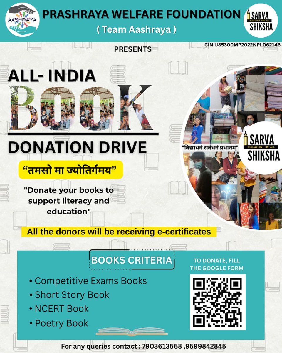 RO_ING15's tweet photo. 📚 All-India Book Donation Drive by @TeamAashraya !
Donate NCERT, novels, exam books &amp; more to empower students.
E-certificates for all donors!
“तमसो मा ज्योतिर्गमय” – From darkness to light.
Fill the form: https://t.co/UXjho2gM2B

#BookDonation #TeamAashraya #EducationForAll https://t.co/GBu4e9TcZS