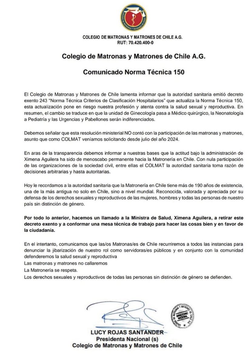 Gorderizador's tweet photo. La ministra de salud @ximenaguilera está actuando como una verdadera dictadora dejando fuera de la discusión a las matronas de Chile

El silencio de @KarolCariola dice mucho

#LaMatroneriaSeRespeta https://t.co/It74O3n9i4