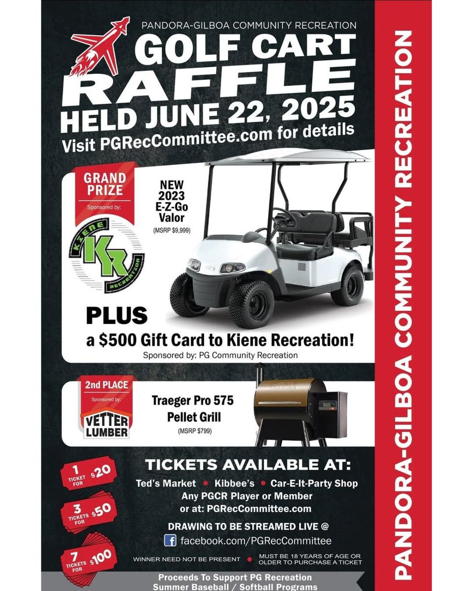 pgreccommittee's tweet photo. Memorial Day Weekend plans? Either way, you should get your Raffle Tickets. Your Memorial Day won't feel complete w/o your chance to win! Well, that's what we're telling you, so it has to be true. 😉 #golfcart #golfcartraffle #raffle #fundraiser #fundraising #supportlocal https://t.co/rz5EoxddrW