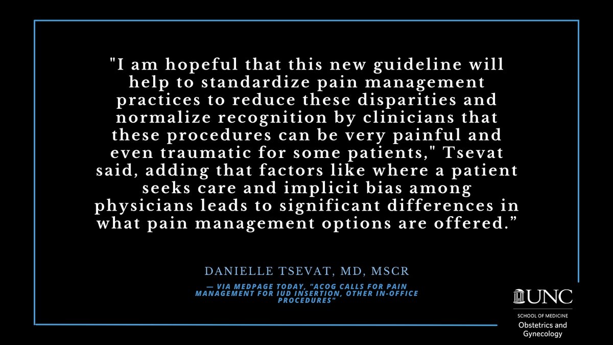 UNCOBGYN's tweet image. Dr. Danielle Tsevat, an ob/gyn and research fellow at the UNC School of Medicine, spoke about the urgent need to standardize pain care — especially in procedures like IUD insertion, which can be painful or even traumatic for some patients.
@NPRHealth -Doctors urged to treat…