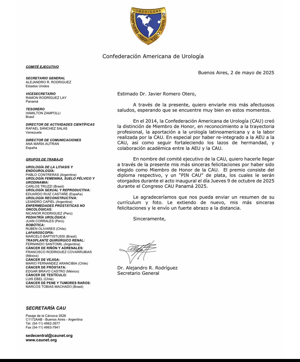 Javier Romero Otero (@dr_romero_otero) on Twitter photo Very honoured to receive Honorary Member of <a href="/CAU_URO/">Confederación Americana de Urología (CAU)</a> for my professional career, my contribution to the Association, and for strengthening the relationship between this Association and <a href="/InfoAeu/">AEU</a> .
Big thank you to @alejandrorodriguez and José Luis Álvarez Osorio. Very honoured to receive Honorary Member of <a href="/CAU_URO/">Confederación Americana de Urología (CAU)</a> for my professional career, my contribution to the Association, and for strengthening the relationship between this Association and <a href="/InfoAeu/">AEU</a> .
Big thank you to @alejandrorodriguez and José Luis Álvarez Osorio.