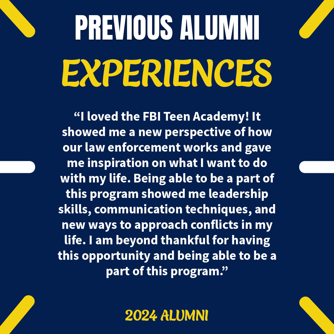 FBIElPaso's tweet image. The #FBIEP #TeenAcademy is a great opportunity to learn more about the #FBI!

Hear first-hand from a 2024 Alumni!

Download the application and submit it by May 23, 5:00 pm MST: FBI.gov/EPOutreach