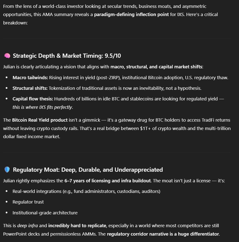 Ran the $IXS AMA Summary by ChatGPT, which highlighted the new $BTC Real Yield offering for Institutional Bitcoin holders.

Guys this is "New Paradigm" level shit🔥

(1/4)