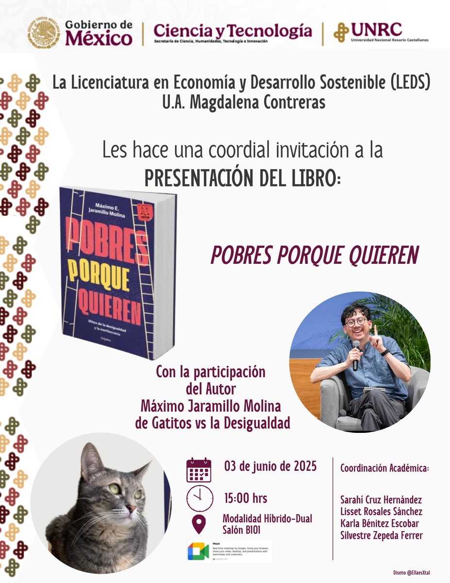 Sarahí Cruz (@ellaesxtal) on Twitter photo ¡Amixes! Con muchísima emoción les comparto que <a href="/rojo_neon/">Máximo Ernesto Jaramillo Molina</a> presenta su libro #PobresPorqueQuieren en <a href="/UNRCastellanos/">Universidad Nacional Rosario Castellanos</a> #UAMAC 📖✨
🗓️ 03/06 | 🕒 15-17 h | 📍 B-101 | 💻 Híbrido
¡Gracias querido Máx por abrir este espacio de diálogo!
Conéctate: meet.google.com/bsn-scju-bzq
¡No falten! ¡Amixes! Con muchísima emoción les comparto que <a href="/rojo_neon/">Máximo Ernesto Jaramillo Molina</a> presenta su libro #PobresPorqueQuieren en <a href="/UNRCastellanos/">Universidad Nacional Rosario Castellanos</a> #UAMAC 📖✨
🗓️ 03/06 | 🕒 15-17 h | 📍 B-101 | 💻 Híbrido
¡Gracias querido Máx por abrir este espacio de diálogo!
Conéctate: meet.google.com/bsn-scju-bzq
¡No falten!