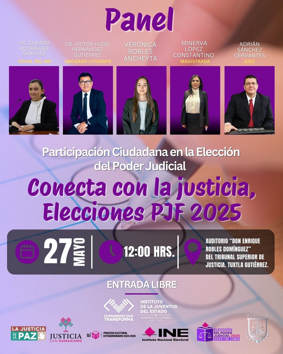 Este 27 de mayo acompáñanos al panel "Conecta con la justicia, Elecciones PJF 2025", donde se hablará sobre la participación ciudadana en la elección del Poder Judicial.

12:00 p.m. | Tuxtla Gutiérrez  Entrada libre.

#EleccionJudicial #INE