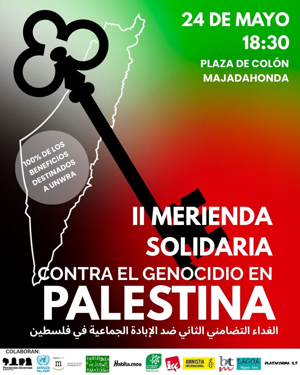 Este sábado participaremos en la II merienda solidaria contra el genocidio en #Palestina.

El 100% de lo recaudado irá destinado a la UNWRA.

Os esperamos a todas para decir alto y claro #VivaPalestinaLibre