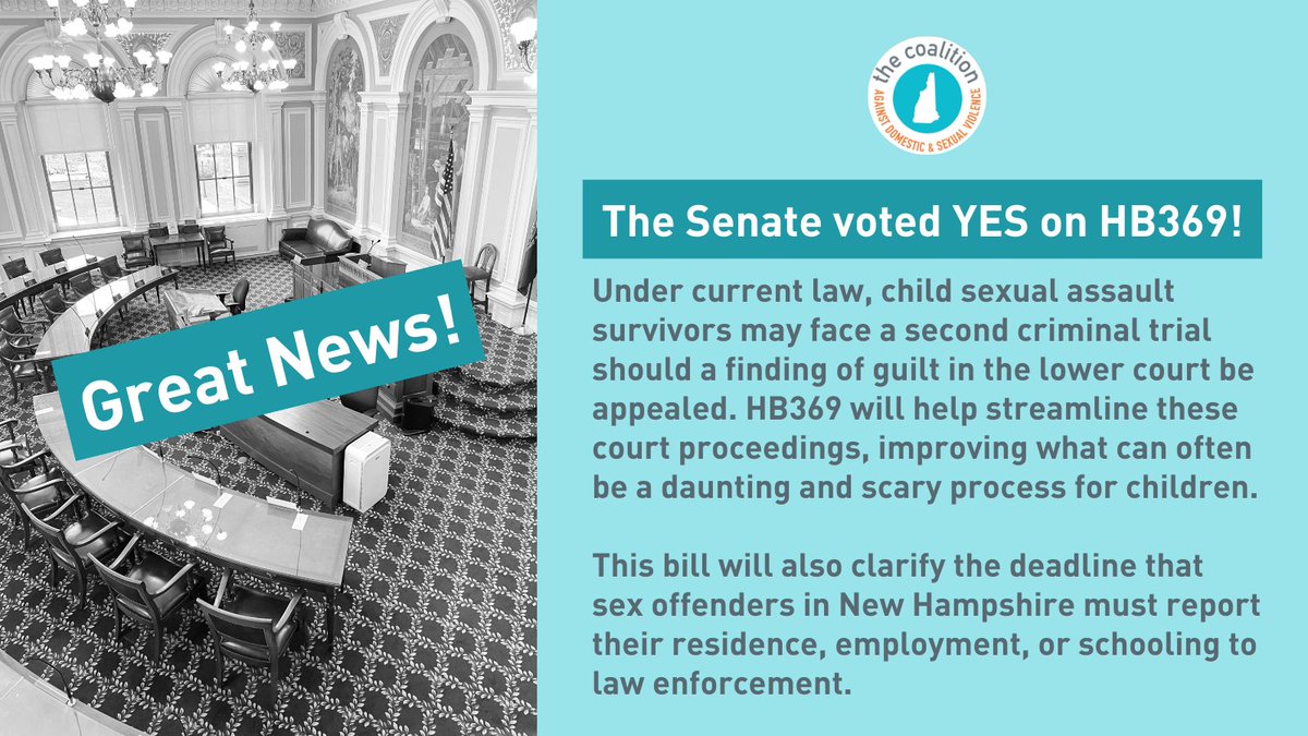 Great News! The Senate passed HB369, which will help streamline court proceedings in cases involving child survivors of sexual assault. This bill also clarifies the deadline for sex offenders to report their residence, employment, or schooling to law enforcement. #NHPolitics