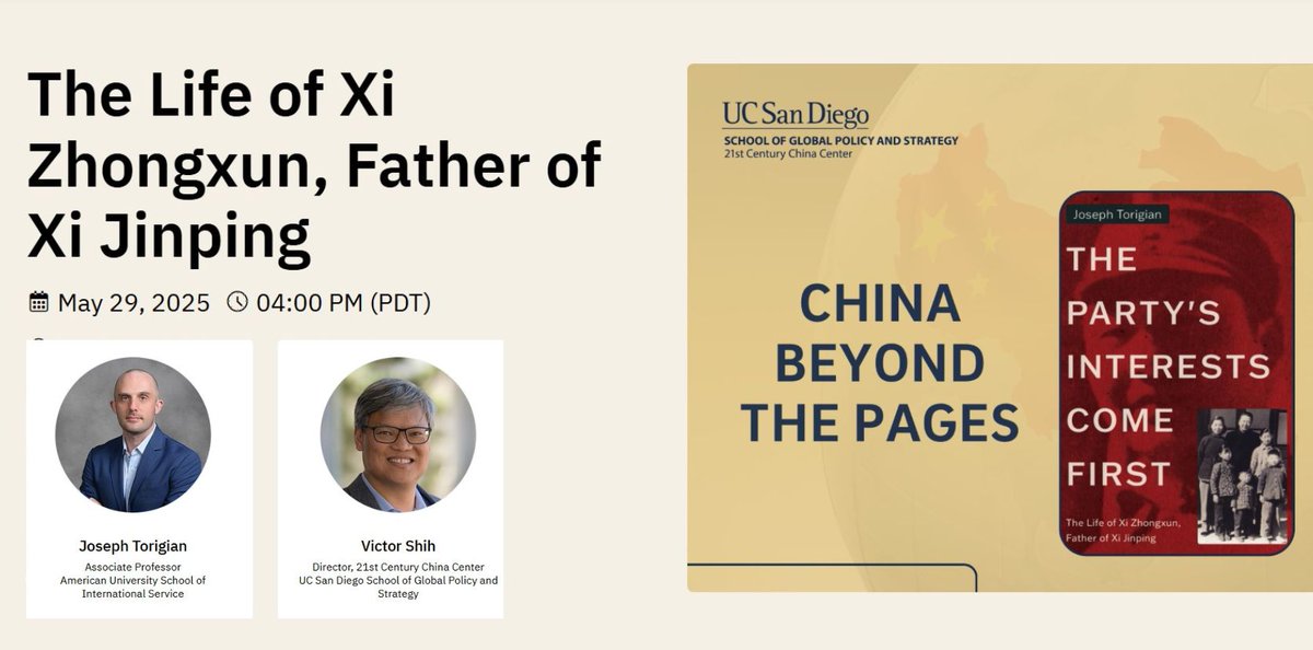 21st Century China (@21centurychina) on Twitter photo Join us on 5/29 at 4pm PDT! <a href="/JosephTorigian/">Joseph Torigian</a>, Associate Prof at @au_sis, author of "The Party's Interests Come First" will explore Xi Zhongxun's struggle between personal beliefs and Party demands, revealing the Party's power and its human cost. RSVP:
ow.ly/eV0V50VEyvY Join us on 5/29 at 4pm PDT! <a href="/JosephTorigian/">Joseph Torigian</a>, Associate Prof at @au_sis, author of "The Party's Interests Come First" will explore Xi Zhongxun's struggle between personal beliefs and Party demands, revealing the Party's power and its human cost. RSVP:
ow.ly/eV0V50VEyvY