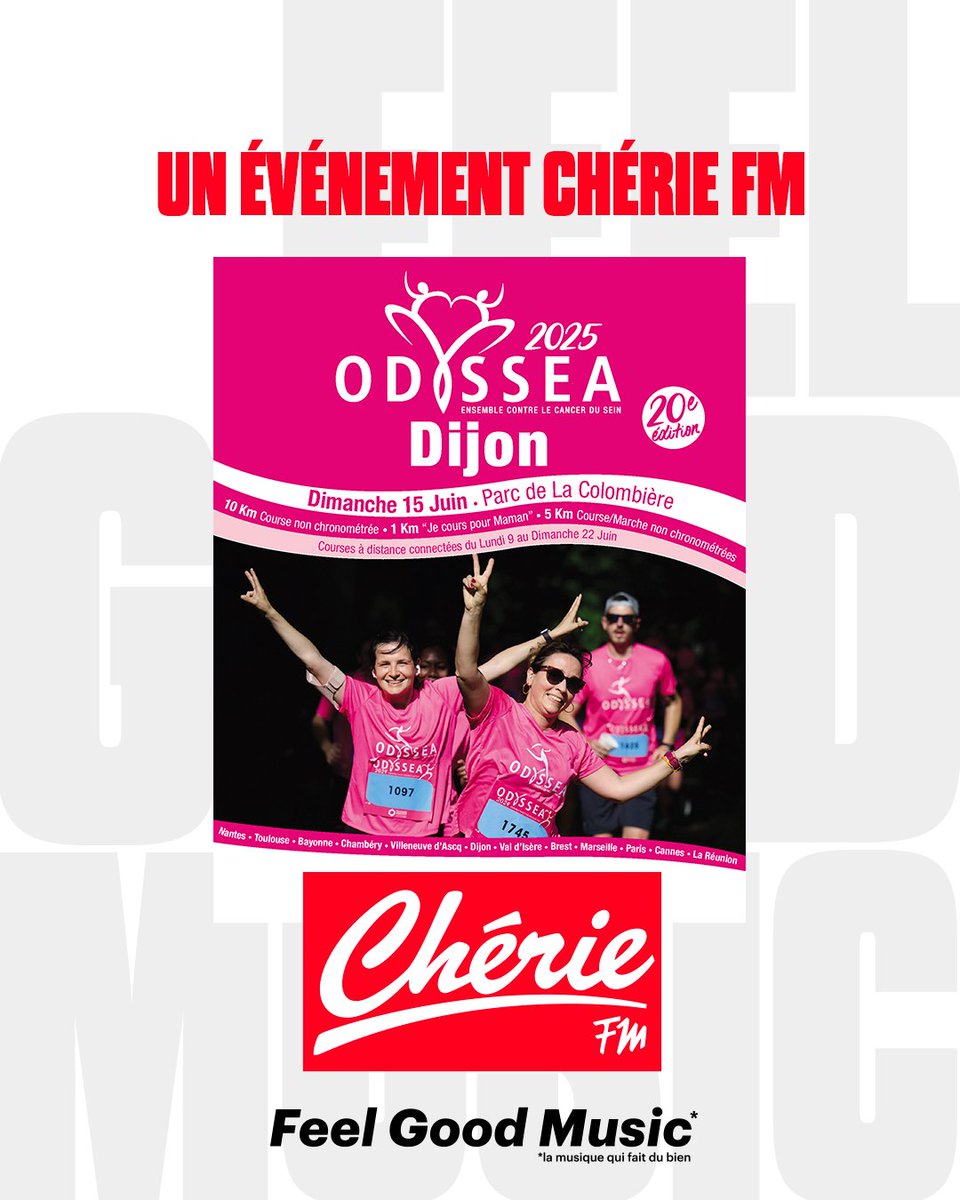 𝗖𝗛𝗘𝗥𝗜𝗘 𝗙𝗠 présente la 20ème édition de #odyssea #Dijon Parc de la Colombière, dimanche 15 juin 🏃‍♀️
A votre rythme, parcourez 5 ou 10 kilomètres au profit de la lutte contre le cancer du sein. Les plus petits peuvent aussi participer, sur 1 Km.
odyssea.info