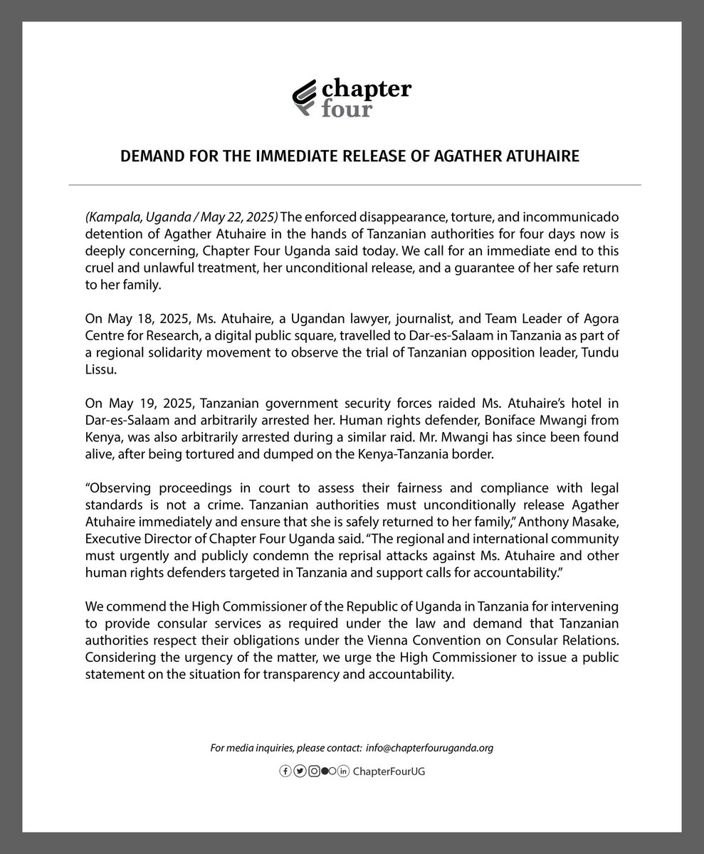 Chapter Four Uganda (@chapterfourug) on Twitter photo STATEMENT:
We demand for an immediate end to the incommunicado detention, torture & cruel treatment of human rights lawyer <a href="/AAgather/">Agather Atuhaire</a>. Tanzanian authorities must ensure her safe return to her family in Uganda. We’ll seek accountability for the violations.
#FreeAgatherAtuhaire STATEMENT:
We demand for an immediate end to the incommunicado detention, torture & cruel treatment of human rights lawyer <a href="/AAgather/">Agather Atuhaire</a>. Tanzanian authorities must ensure her safe return to her family in Uganda. We’ll seek accountability for the violations.
#FreeAgatherAtuhaire