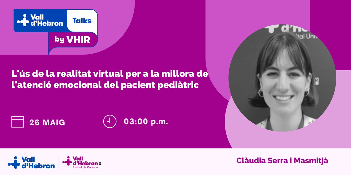Vall d'Hebron Institut de Recerca (@vhir_) on Twitter photo Clàudia Serra i Masmitjà, infermera de <a href="/vallhebron/">Vall d'Hebron</a>, parlarà sobre l'ús de la realitat virtual per a la millora de l'atenció emocional del pacient pediàtric al pròxim #VallHebronTalks by #VHIR.
📅 26/5 - 15h
💻 En línia
🔗 vallhebron.social/talks-serra Clàudia Serra i Masmitjà, infermera de <a href="/vallhebron/">Vall d'Hebron</a>, parlarà sobre l'ús de la realitat virtual per a la millora de l'atenció emocional del pacient pediàtric al pròxim #VallHebronTalks by #VHIR.
📅 26/5 - 15h
💻 En línia
🔗 vallhebron.social/talks-serra