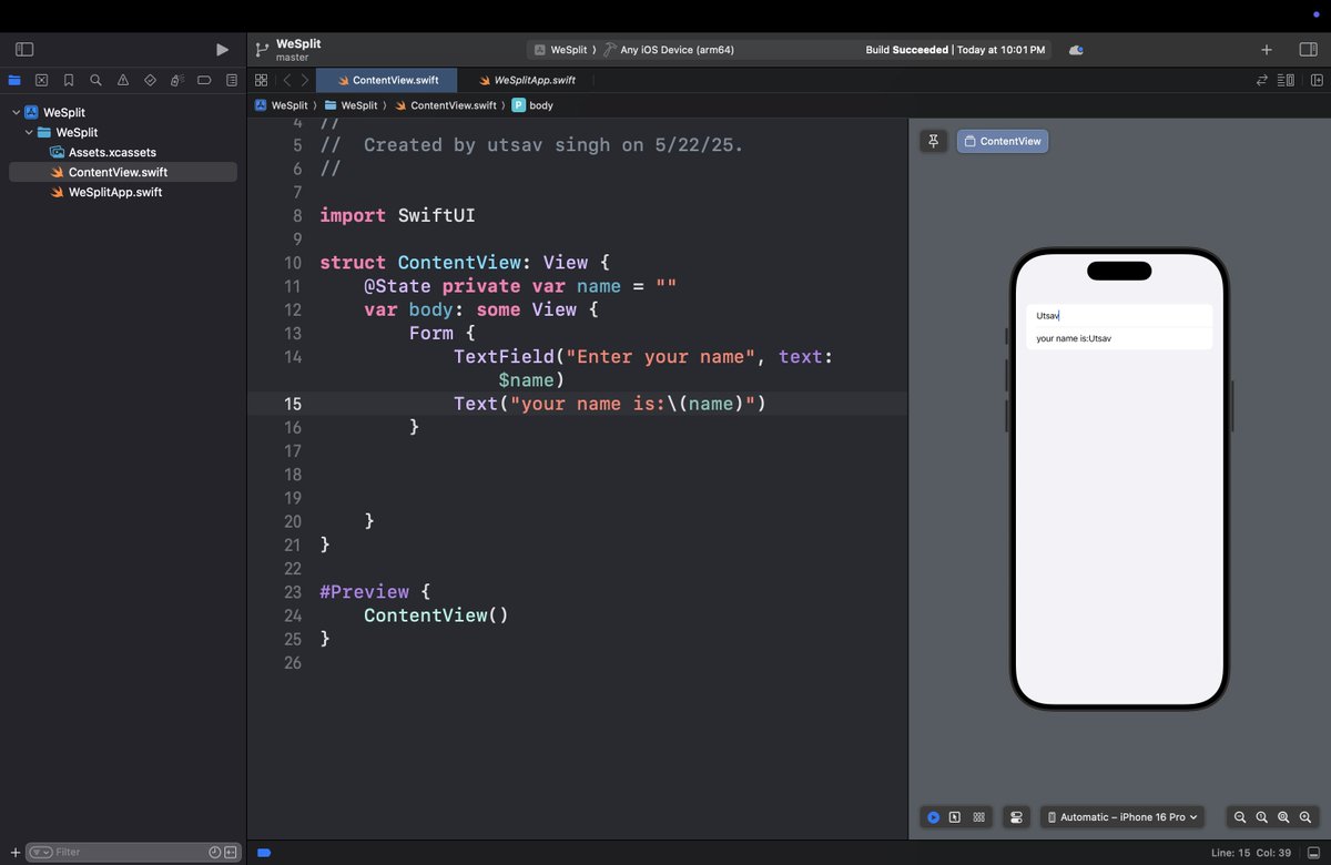 utsav singh (@utsavsingh_) on Twitter photo π Finished Day 16 of #100DaysOfSwiftUI via <a href="/twostraws/">Paul Hudson</a>!
Learned:
π± SwiftUI app structure
π Forms & navigation bar
π State & bindings
π Views in a loop
Loving the journey! π
π hackingwithswift.com/100/swiftui/16
#iOSDev #SwiftLang π Finished Day 16 of #100DaysOfSwiftUI via <a href="/twostraws/">Paul Hudson</a>!
Learned:
π± SwiftUI app structure
π Forms & navigation bar
π State & bindings
π Views in a loop
Loving the journey! π
π hackingwithswift.com/100/swiftui/16
#iOSDev #SwiftLang