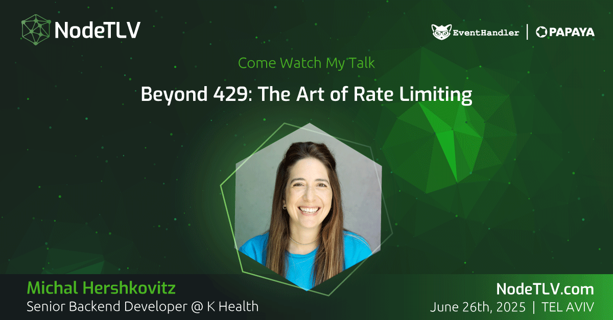 NodeTLV's tweet image. We are proud to announce that Michal Hershkovitz, Senior Backend Developer at @KHealth, will be speaking at #NodeTLV '25!
Want to learn more?
Check out all the details at ๐ nodetlv.com