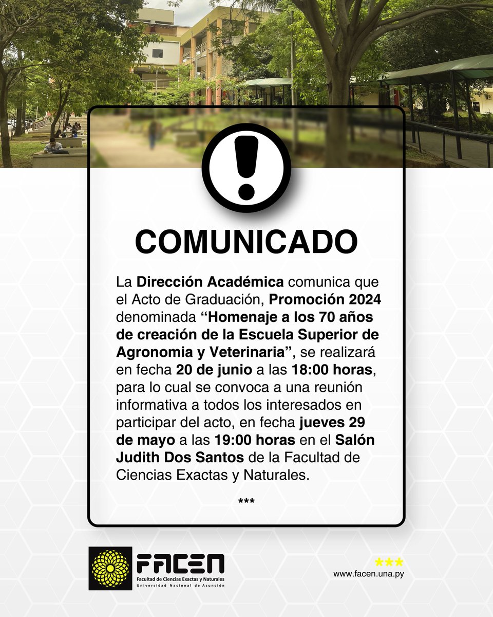 ATENCIÓN!!! Compartimos con los interesados la invitación a la Reunión Informativa para los graduados de la Promoción 2024 de la FACEN - UNA.

📆 Jueves 29 de mayo
⏰ 19:00 horas
📌 Salón Judith Dos Santos