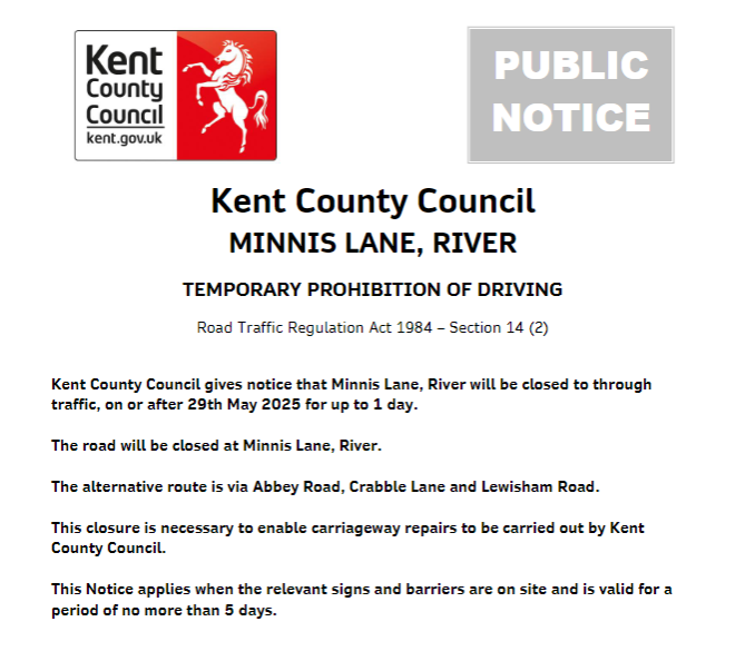 KentHighways's tweet image. River, Minnis Lane: Will be closed on 29th May to enable carriageway repairs to be carried out by Kent County Council.: moorl.uk/?hoxv1