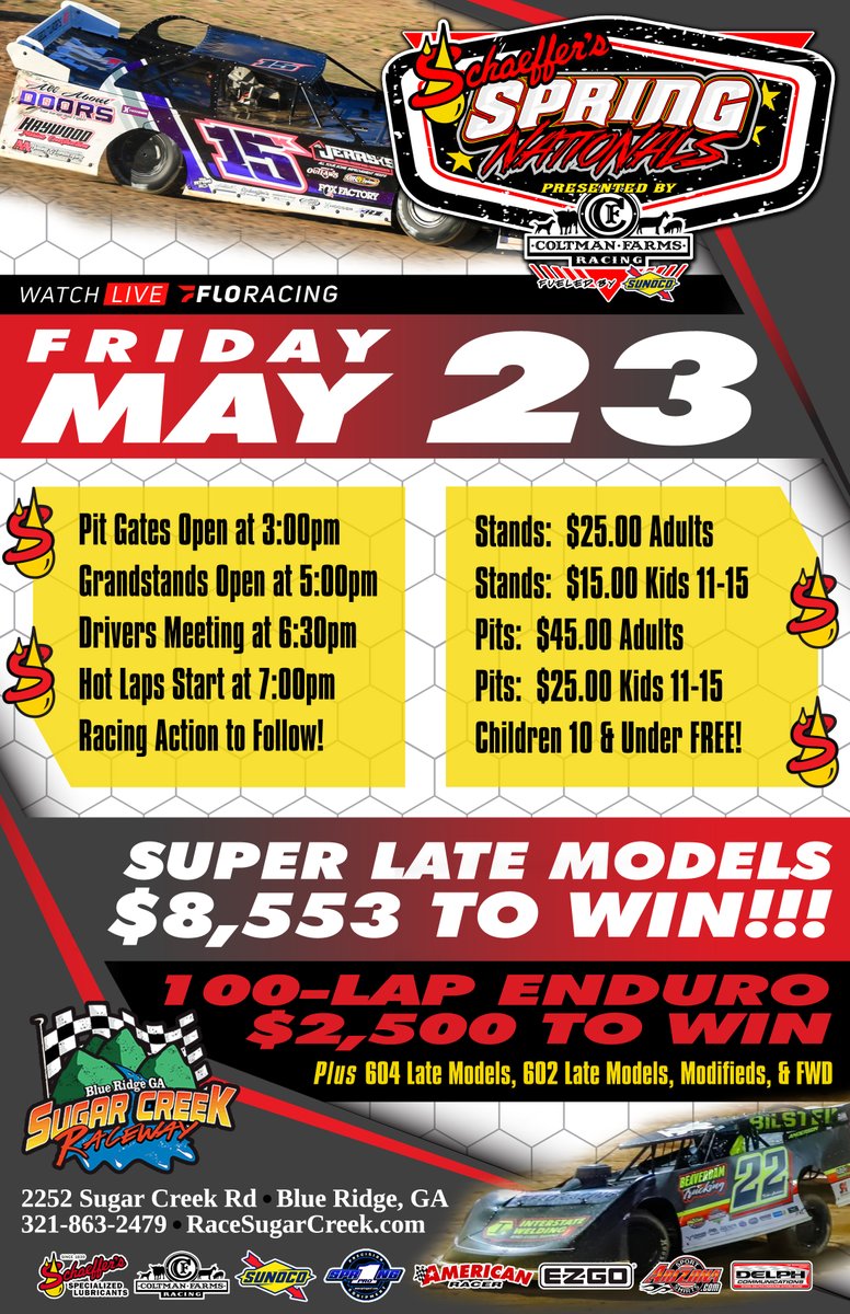 Only ☝️ day away until <a href="/SchaefferOil/">Schaeffer Oil</a> Spring Nationals Series action fires back up at Sugar Creek Raceway!  We invade Blue Ridge, Georgia tomorrow for round nine of the miniseries, which will boast an $8,553 first place prize.  See you at The Creek!