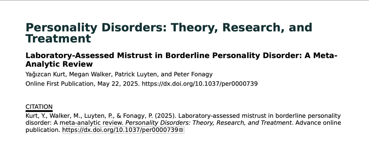YaÄızcan Kurt (@kurtyagizcan) on Twitter photo Our new paper is out in Personality Disorders: Theory, Research, and Treatment (<a href="/APA_Journals/">APA Journals</a>).
Meta-analysis of 26 studies (70 effect sizes) shows individuals with Borderline Personality Disorder exhibit significantly lower trust than healthy controls.
doi.org/10.1037/per000⦠Our new paper is out in Personality Disorders: Theory, Research, and Treatment (<a href="/APA_Journals/">APA Journals</a>).
Meta-analysis of 26 studies (70 effect sizes) shows individuals with Borderline Personality Disorder exhibit significantly lower trust than healthy controls.
doi.org/10.1037/per000ā¦