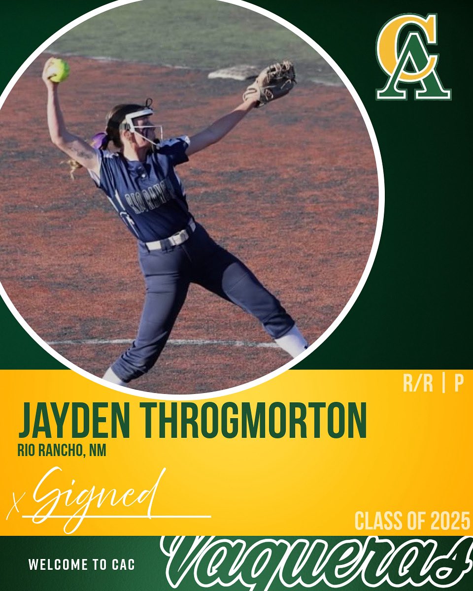 Our next signee for the 25’-26’ season is sophomore transfer Jayden!

She is a pitcher from New Mexico! We can’t wait to see what she will accomplish as a Vaquera! 🥎💚🤠
